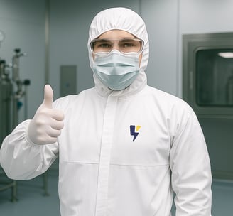 A pharmaceutical production operator with a thumbs up