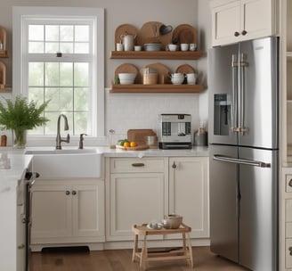 A well-organized store interior with neatly arranged products. Various home goods and decorations are displayed, including kitchenware, artificial flowers, and textiles. Shelves are filled with neatly stacked items, and the store is brightly lit with natural and artificial light.