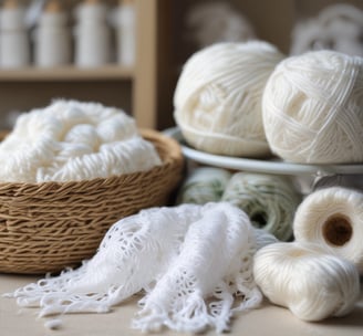 Several skeins of plush, velvet-like yarn are stacked together. The yarn is in soft, muted colors like lavender, cream, blush pink, and light brown. The setting appears cozy, with the yarns placed on a woven fabric surface and wooden background, suggesting a crafting or knitting environment.