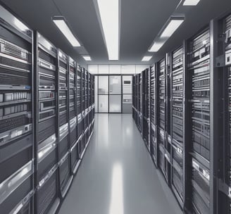 A room with a tiled ceiling and fluorescent lighting contains various electronic and office equipment. On the left, there's a wooden desk with a black server cabinet next to it. In the center of the room, a rack of network cables is visible, organized into a larger unit. To the right, a filing cabinet is mounted on the wall, with a printer/copier machine near the foreground. The walls are plain and the floor is covered in white tiles.