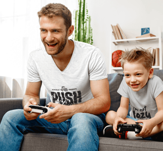 a man and a boy playing video games