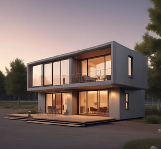 Cube-shaped housing structures with slanted roofs, displaying modern architectural design. The buildings feature a combination of yellow, gray, and brick materials, with multiple windows and geometric patterns. A tree partially obscures one of the buildings on the right side.