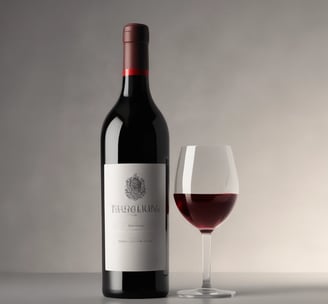 A wine bottle with a black and red label stands upright against a dark background. The label features intricate typography and design elements, with the word 'Вино' prominently displayed.
