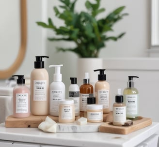 A collection of wellness products is displayed, including a brown glass dropper bottle with a blue label, jars with cream-colored labels, a small bowl with powder, and several capsules scattered on a light surface. Packaging with minimalist design features the brand 'beam' and labels such as 'clarity,' 'the fixer,' and 'revive.'