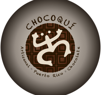 a Taino Coqui hieroglyph over a bed of chocolate squares, forming the logo for the Chocoqui company