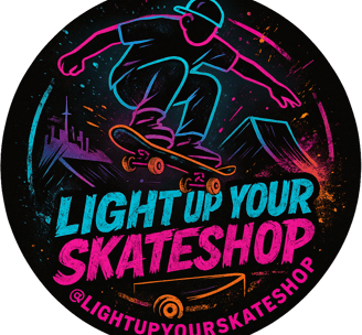 Custom 3D-printed lightbox with independent skate shop logo, illuminated on a display shelf.