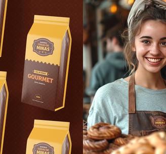 Coffee packaging and woman with apron with the visual identity Empório Coisas de Minas applied