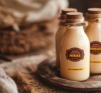 Bottles of fermented milk with the Empório Coisas de Minas logo