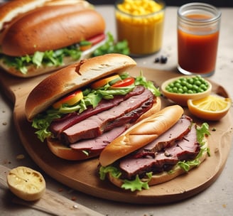 A small hamburger bun is partially cut to reveal a filling that appears to be a mix of meat and vegetables. The sesame seeds on the bun are visible, and the lighting highlights the texture of the bread and filling. The background is completely black, enhancing the focus on the sandwich and its reflection on the surface.