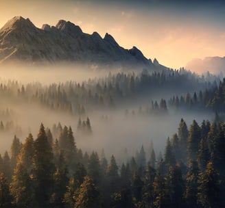 Mountains and evergreen forest with mist.