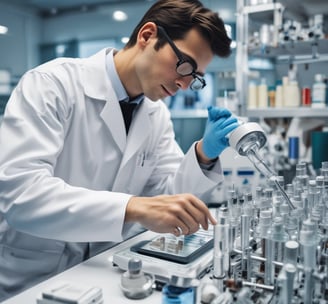 Two individuals stand on either side of a large banner for the BioPharmaceuticals Academy Masterclass. They both wear name tags and appear to be smiling. The banner lists various topics related to pharmaceuticals, including biologics and cell banks.