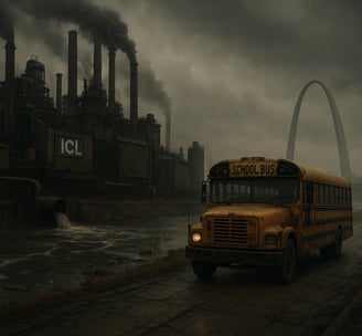 A dystopian view of St. Louis with polluted air and a school bus traveling past a giant ICL plant