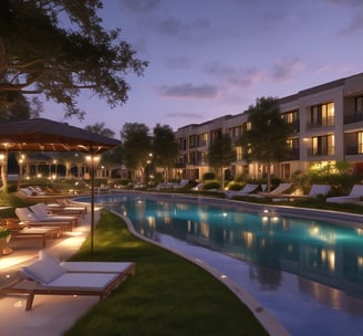 Luxurious residential buildings surrounded by lush greenery with a view of a tranquil bay and distant cityscape under a cloudy sky. Mountains are visible in the background, enhancing the scenic beauty of the area.