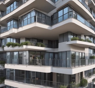 A dense cluster of modern high-rise apartment buildings with numerous windows and balconies, showcasing an urban residential area.