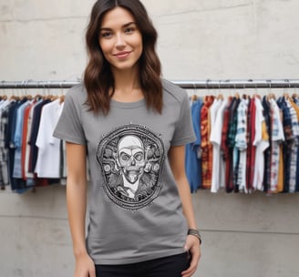 A variety of T-shirts are displayed with humorous and bold text designs, featuring phrases like 'I don't need Google,' and graphics such as lions and tigers. The T-shirts are predominantly dark with bright text and images.