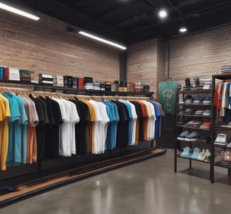 A storefront display of T-shirts, featuring various designs. The shirts depict famous characters with a twist, Mexican cultural symbols, and humorous or bold statements. There's a blend of black, white, and colorful tees, some with logos and others with illustrations. The reflection of the street and people can be seen in the glass.