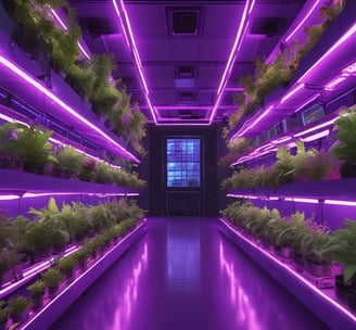 A futuristic indoor farm with rows of lush green plants growing under bright purple LED lights. The plants are arranged on shelves along a corridor, reflecting vibrant purple hues on the glossy floor.