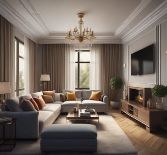 A row of modern apartment buildings with red and green facades, featuring multiple windows and a flat roof. Below them is a street lined with parked cars. The sky is clear and blue, suggesting a sunny day.