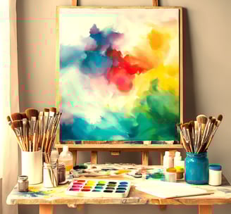 Espace de création, peinture, toile et pinceaux