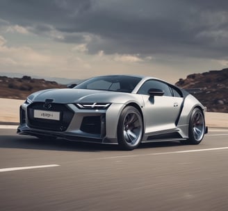 A modified sports car is showcased, featuring a sleek black and white exterior with custom detailing and branding. It is parked on a stone-paved area near other sports cars, with a building in the background adorned with automotive posters. A palm tree is visible beside the structure.