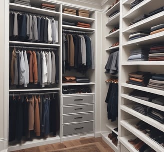 A neatly organized clothing store featuring a variety of colorful clothing items displayed on hangers and shelves. A central wooden table showcases folded garments with vibrant colors. The walls have posters and more hanging clothes. The store has a modern, minimalist aesthetic with a bright and clean interior.