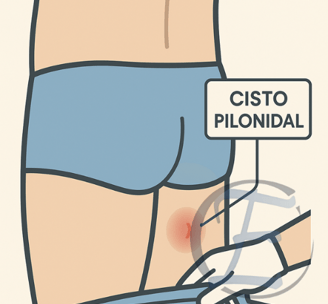 Ilustração médica simplificada mostrando localização e aparência clínica típica de um cisto pilonida