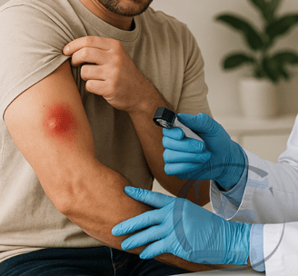 Paciente com abscesso cutâneo inflamado sendo avaliado em consultório médico.