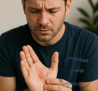 Paciente com corpo estranho superficial visível na mão durante avaliação médica.