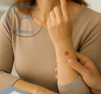 Paciente com lesão cutânea visível em consulta médica para avaliação estética.