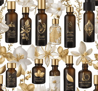 a variety of fragrance oil products in gold cap amber bottles