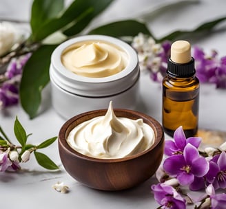 a bowl of whipped cream with a bottle of essential oil