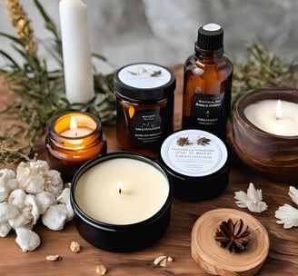 a variety of candles and candles on a table