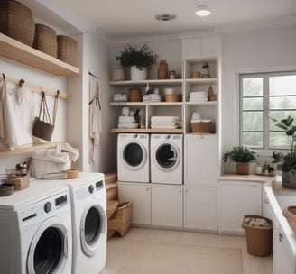 A store display showcasing various kitchen appliances, including several models of air fryers on wooden tables. The background features a wall with hanging frying pans. Discount signs indicate promotions, and a decorative plant is placed next to the appliances.