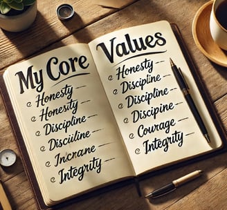 Notebook open to a handwritten list of core values on a wooden desk, with pen, coffee, and soft light symbolizing reflection.