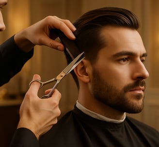 Um homem elegante recebendo cuidados de cabelo e barba em um salão de beleza de luxo, em uma composi