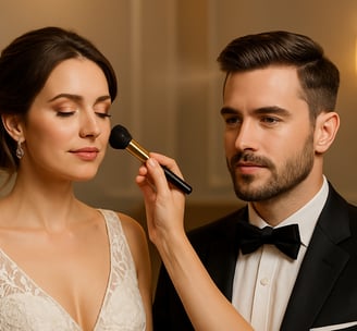 Um casal elegante, noiva e noivo, recebendo cuidados de beleza em preparação para o casamento, em um