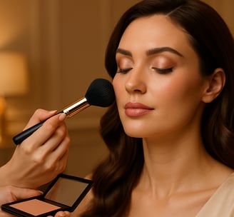 Uma mulher elegante recebendo maquiagem profissional em um salão de beleza de luxo, em uma composiçã