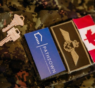 A Path2Own business card with military patches and keys to symbolize Path2Owns work with the militar