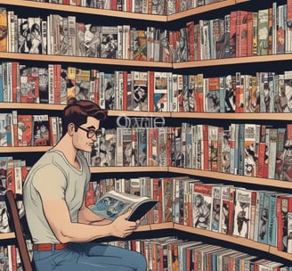 The focus is on a computer screen displaying an online store featuring T-shirts with various graphic designs. The left side of the image is blurred, showing indistinct colors and shapes, possibly a menu or food items.