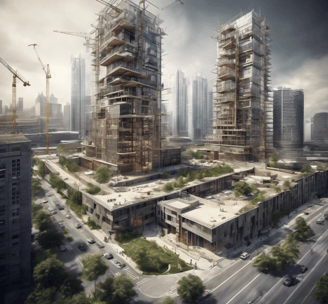 imagem de uma cidade com arranha-céus em construção