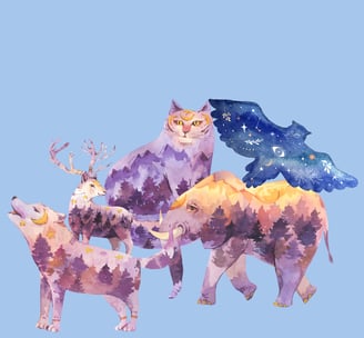 Dessin mystique d’animaux étoilés, symbolisant la connexion spirituelle entre nature et cosmos