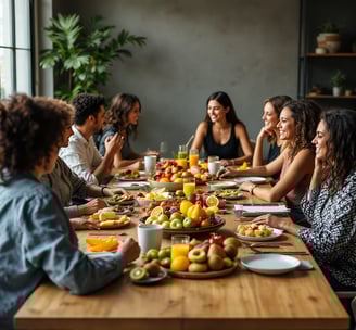 a group of people sitting at a table with food