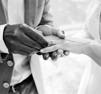 Black and white editorial fine art photo of exchanging wedding rings — Bonjour Mrs Bride, South of F