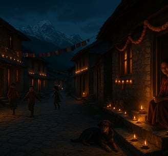 Nepali mountain village glowing with rows of oil lamps and marigold garlands during the Tihar festiv