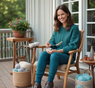 A woman is engaged in crafting, holding a small handmade doll or textile item. She appears focused and calm, surrounded by other colorful objects and fabrics on a table. The background is an outdoor setting with trees, suggesting a natural environment.