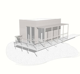 Visualisation 3D de chalets en bois avec vue sur lac, pensés pour une intégration paysagère optimale.
