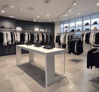 A store interior with neatly arranged clothing displayed on hangers, including tie-dye and graphic tees. Skateboard decks and various merchandise on shelves and in glass display cases. A checkerboard floor and subdued lighting with purple hues create a cozy atmosphere.