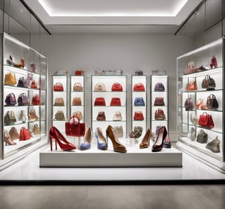 glass display case with matching bags and shoes