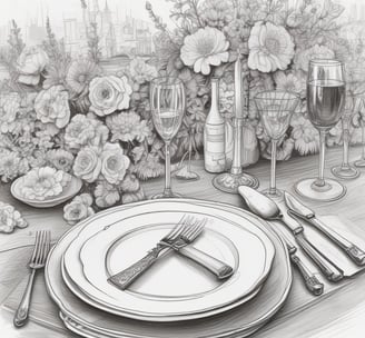 A detailed wedding table setup with white plates and a wedding menu placed on one of them. The table is decorated with elegant floral arrangements and champagne glasses with striped gold stems. Silverware is neatly placed on either side of the plates.