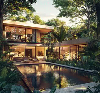 Villa moderna y sostenible rodeada de vegetación tropical en la selva de la Riviera Maya